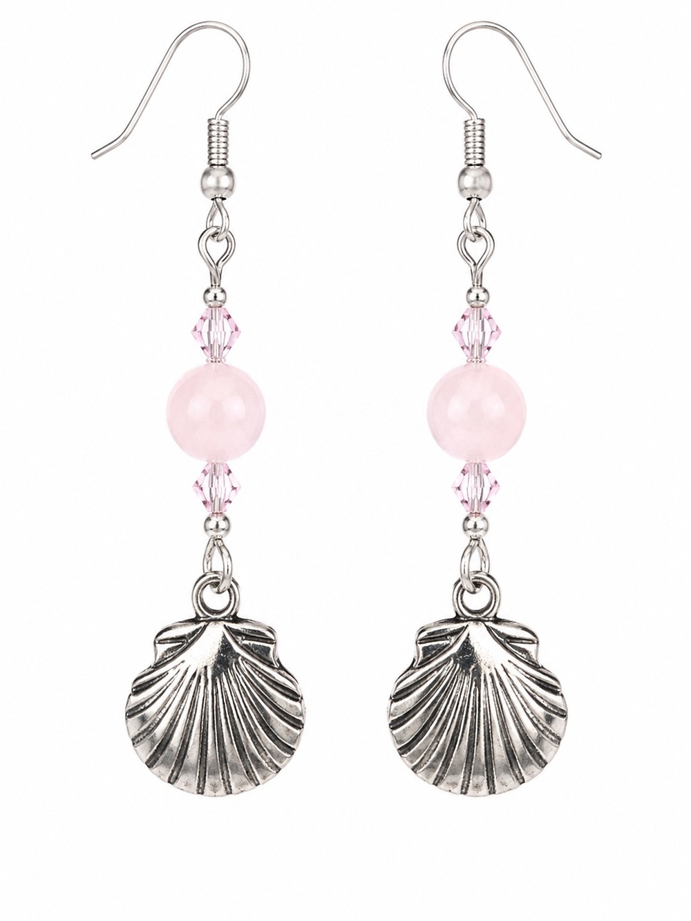 Pearly Pink and Pale Pink Crystal Shell Drop Earrings